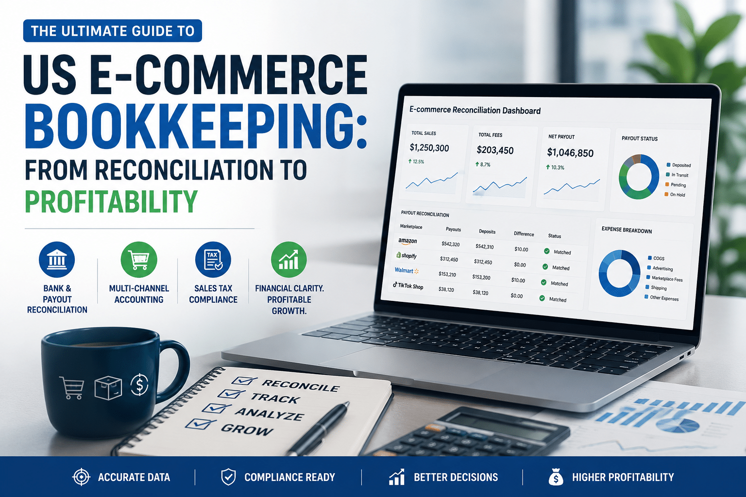Ecommerce reconciliation and bookkeeping dashboard for Shopify Amazon and online sellers in the USA