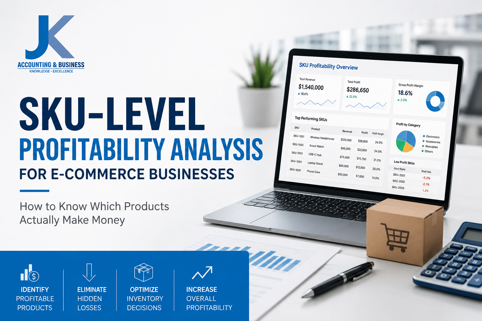 SKU-level profitability analysis dashboard showing product revenue, profit margins, and inventory performance for e-commerce businesses.